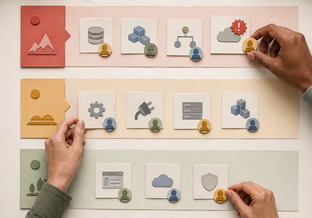 Hands sorting service cards into three tiers, each card tagged with an owner.
