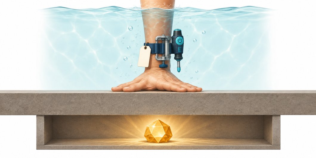 A hand pressing down on a concrete floor, with a glowing gem in a hollow beneath it